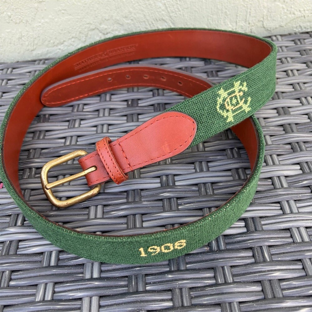 Smathers & Branson Belt Mens One Size Green Needlepoint 1908 Crest Buckle Sz 40